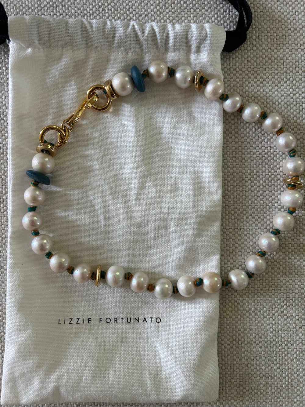 Lizzie Fortunato Pearl Necklace with Gold Accents and Teal Bead Details